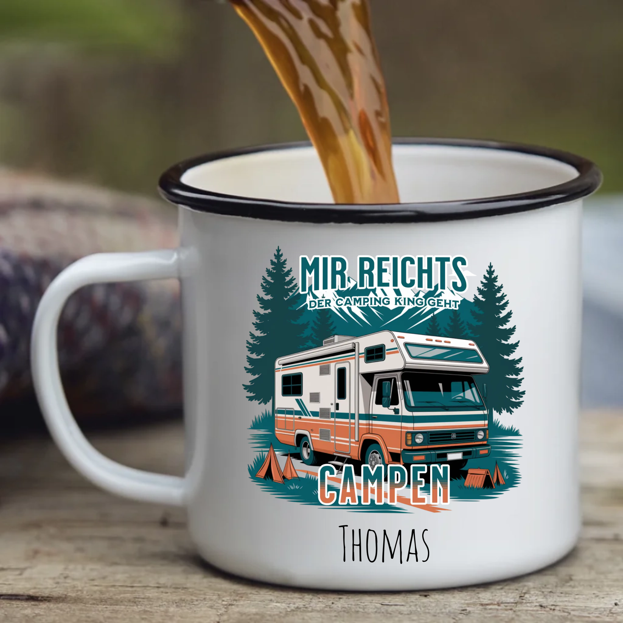 Emaille Camping Tasse mit Name – „Mir reicht’s, ich geh campen“ Wohnmobil Design