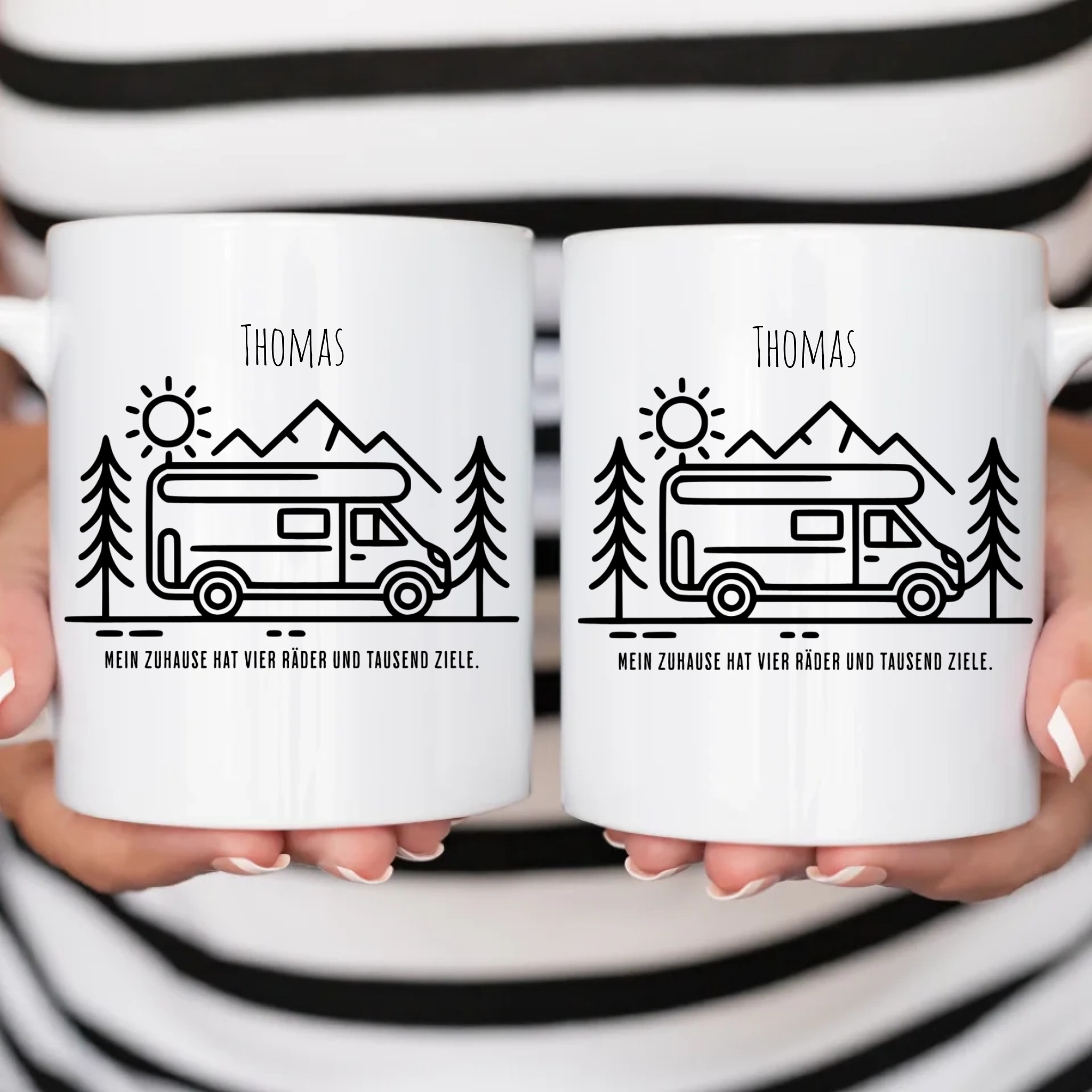 Camping-Tasse mit Name – „Mein Zuhause hat vier Räder und tausend Ziele“
