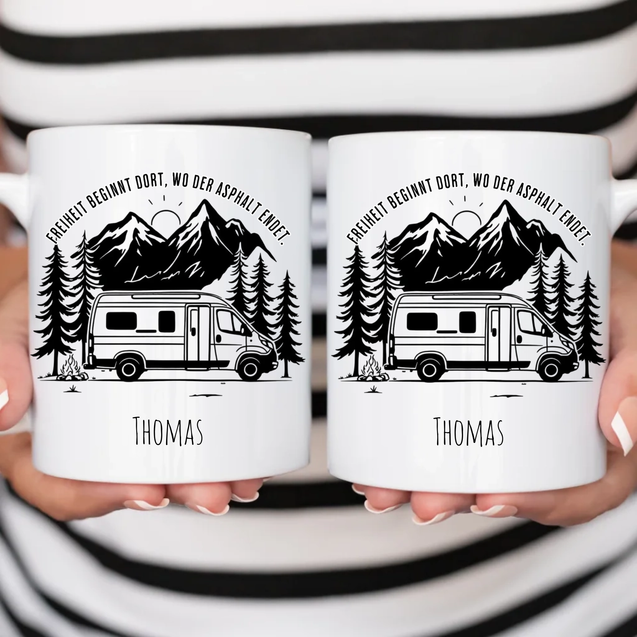 Camper-Tasse mit Name – „Freiheit beginnt dort, wo der Asphalt endet“