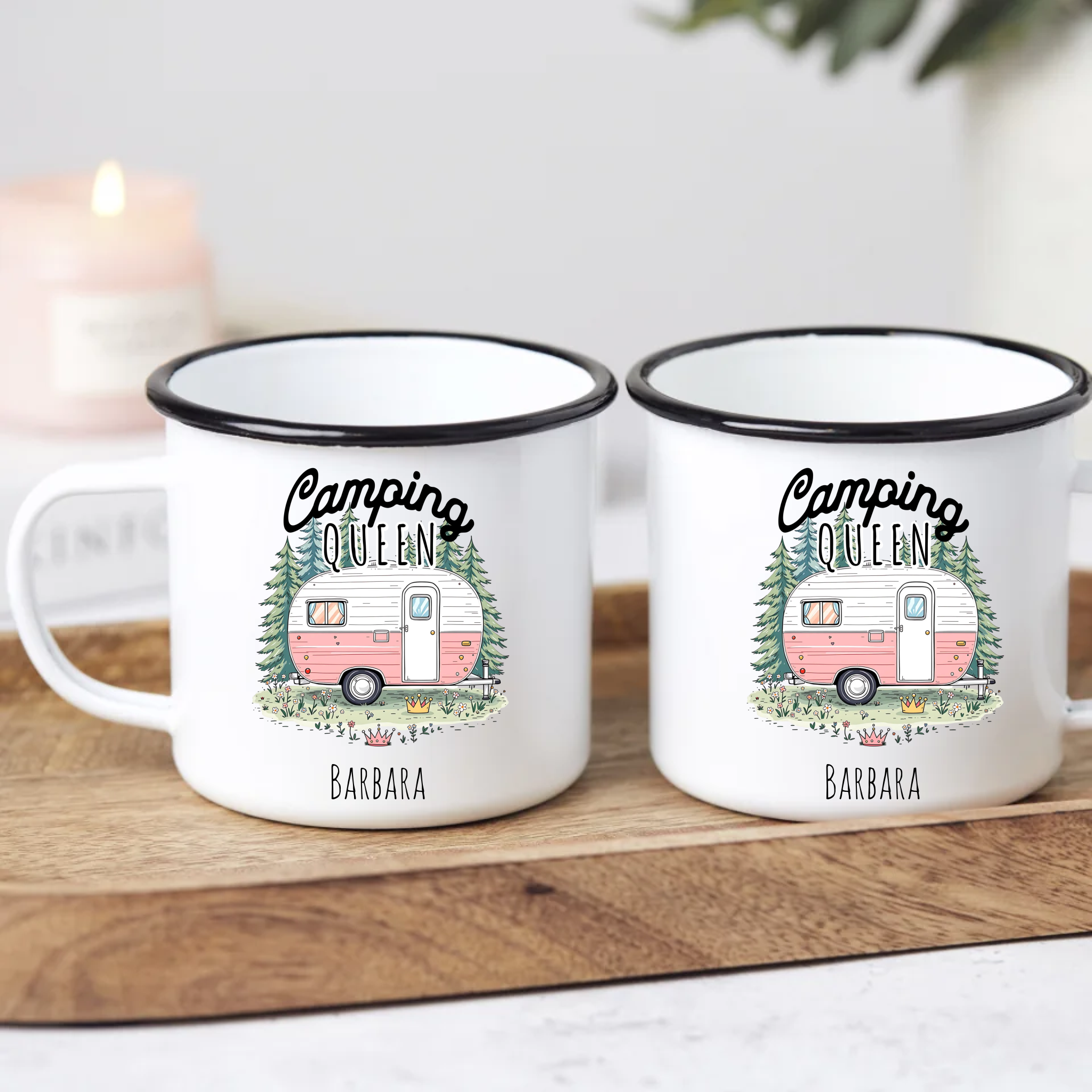 Emaille Tasse „Camping Queen“ mit Name – Personalisierbar für Camperinnen