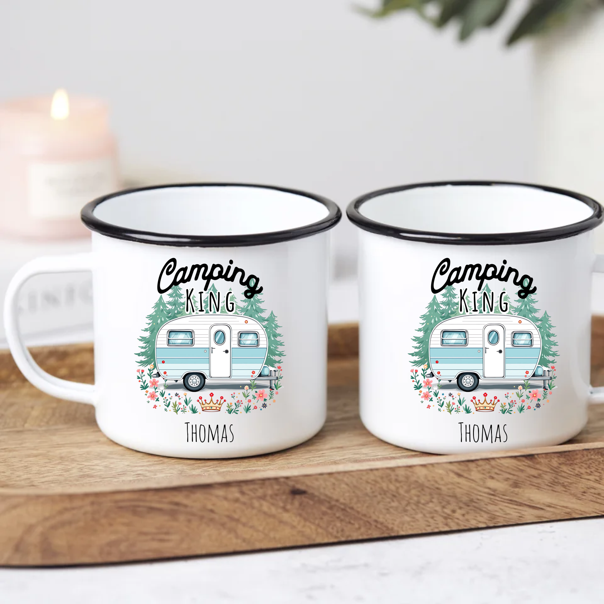 Emaille Tasse „Camping King“ mit Name – Personalisierbar für Männer