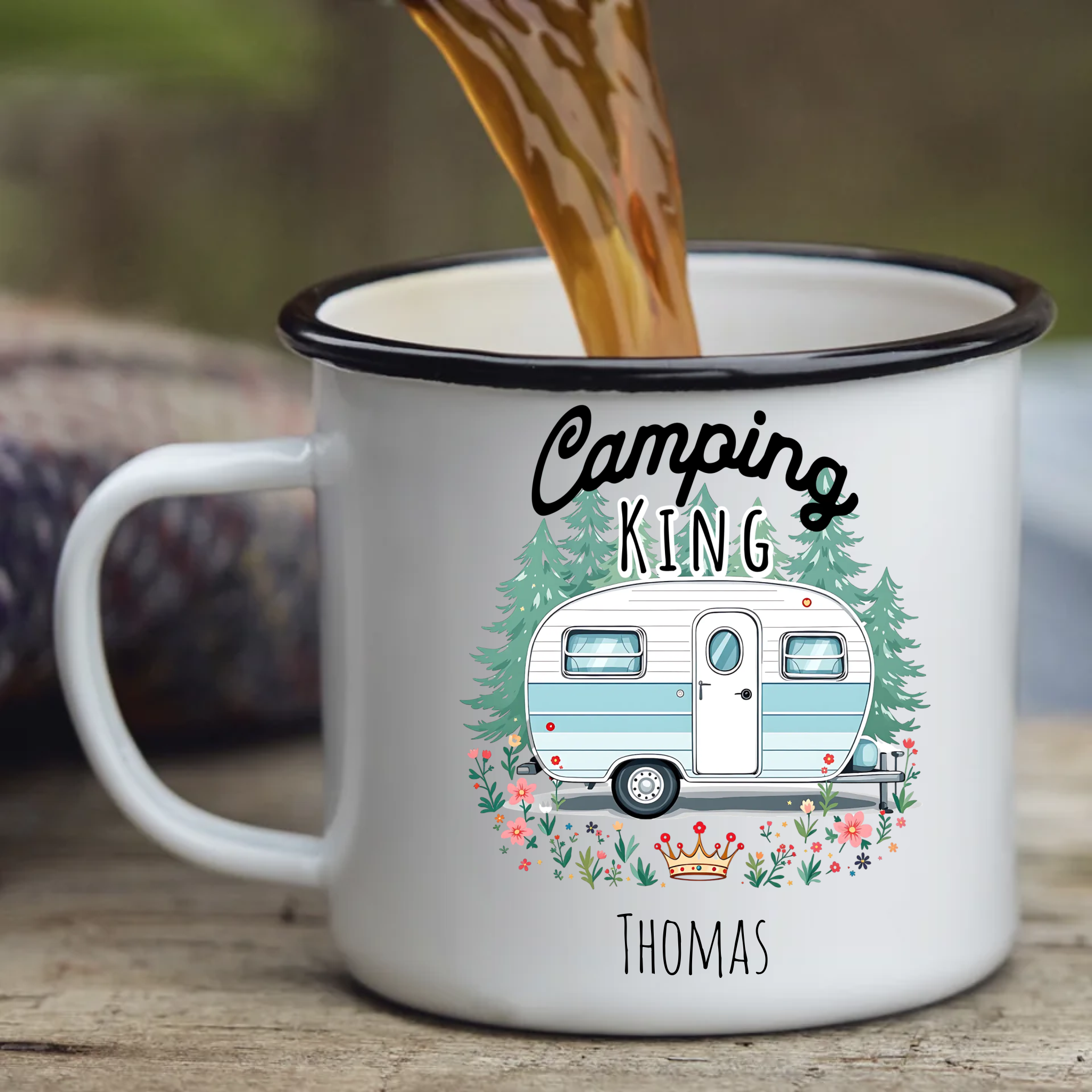 Emaille Tasse „Camping King“ mit Name – Personalisierbar für Männer