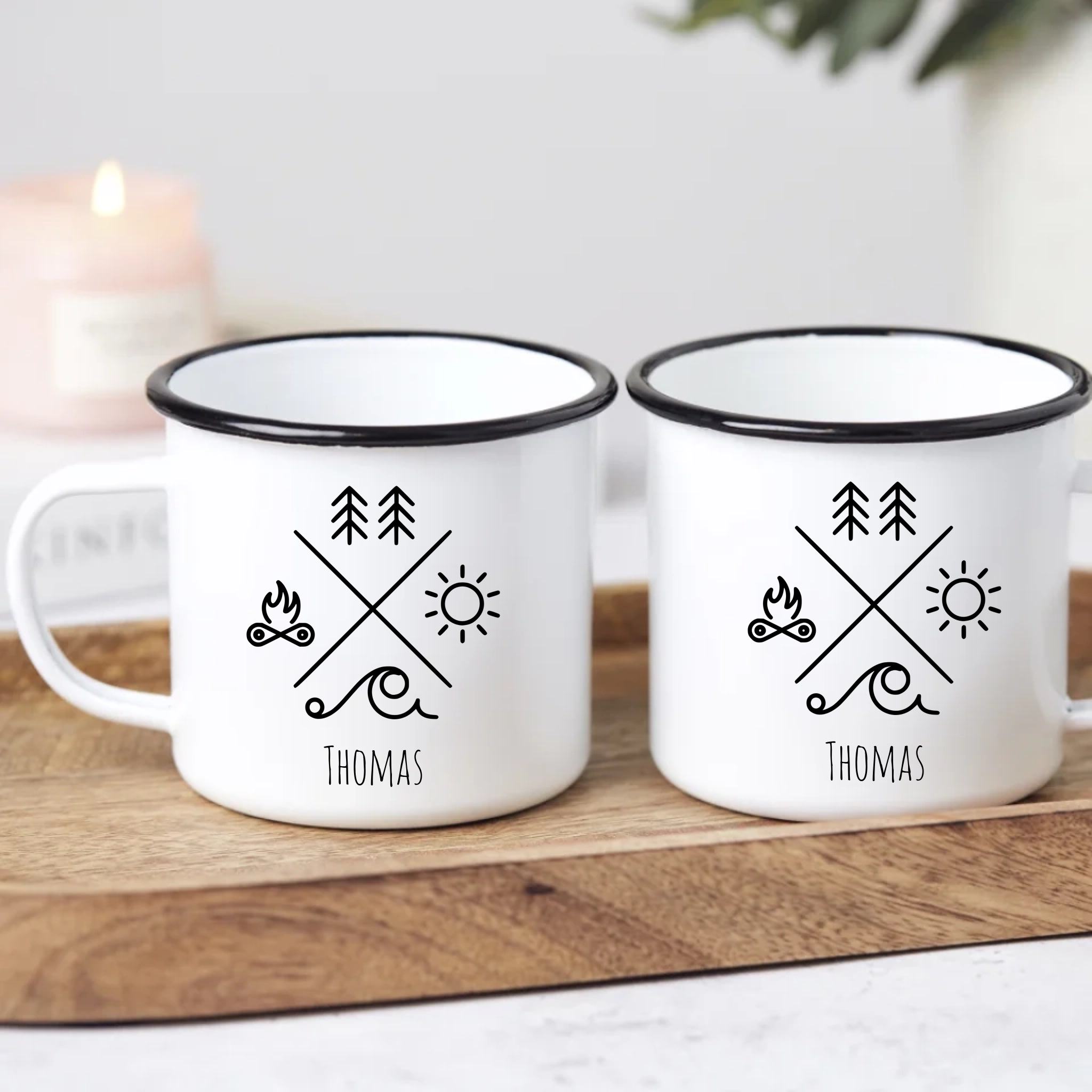 Emaille Tasse Camping mit Name – Minimalistische Outdoor-Tasse personalisierbar