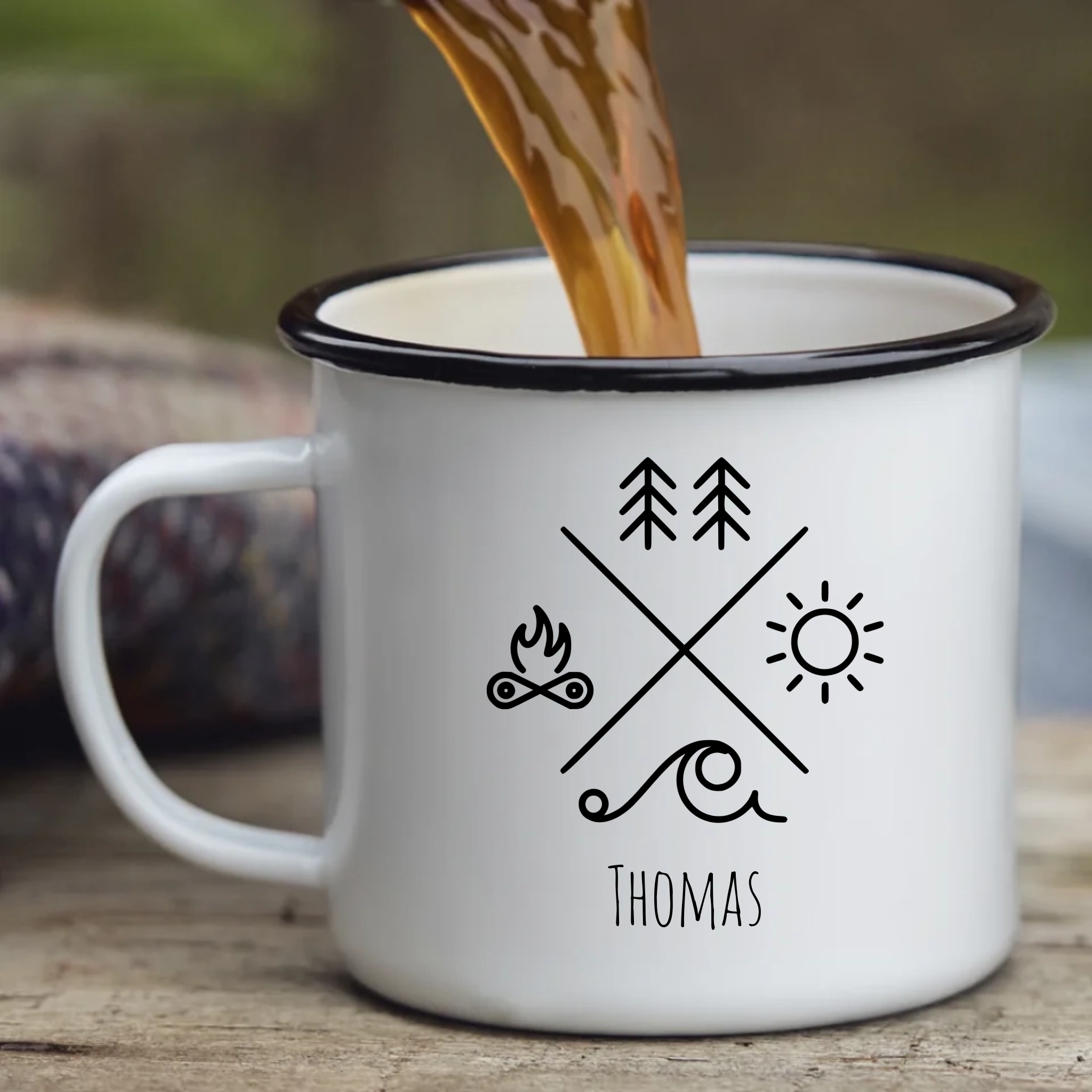 Emaille Tasse Camping mit Name – Minimalistische Outdoor-Tasse personalisierbar