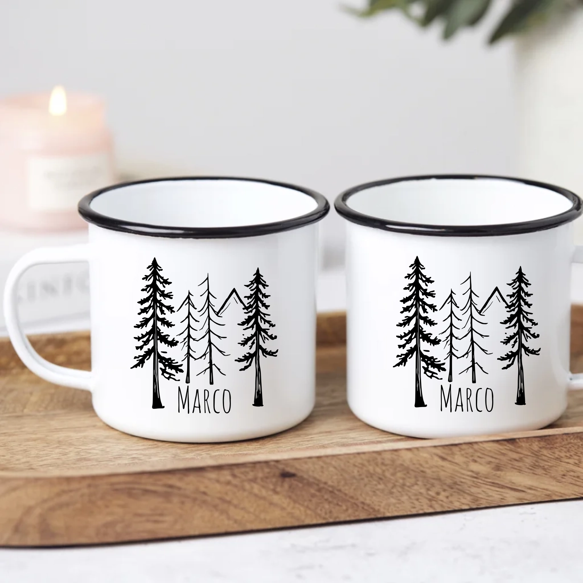 Emaille Tasse fürs Camping mit Name – Waldmotiv personalisierbar