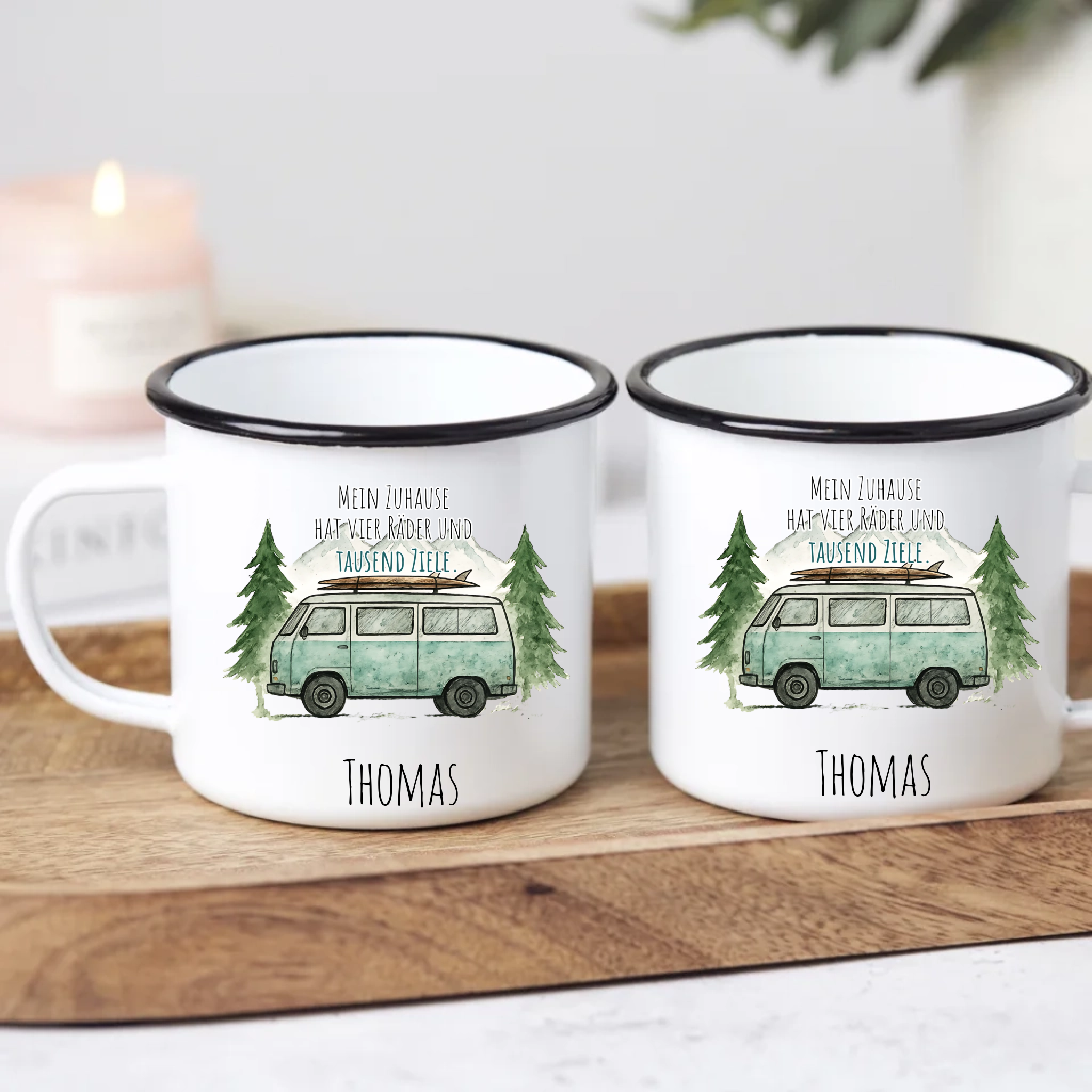 Emaille Tasse Camping mit Name – „Mein Zuhause hat vier Räder und tausend Ziele“