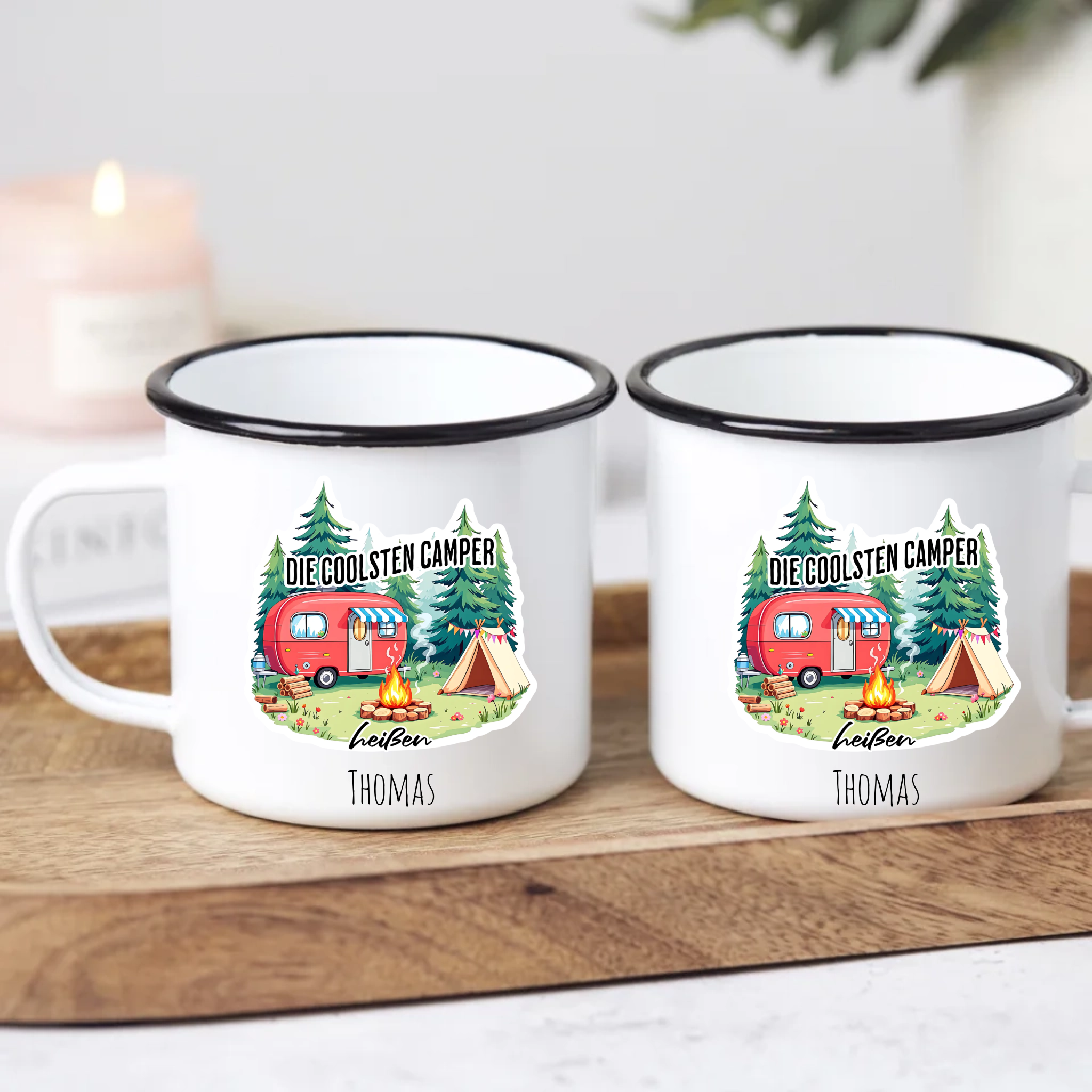 Emaille Tasse für Camper mit Name – „Die coolsten Camper heißen …“
