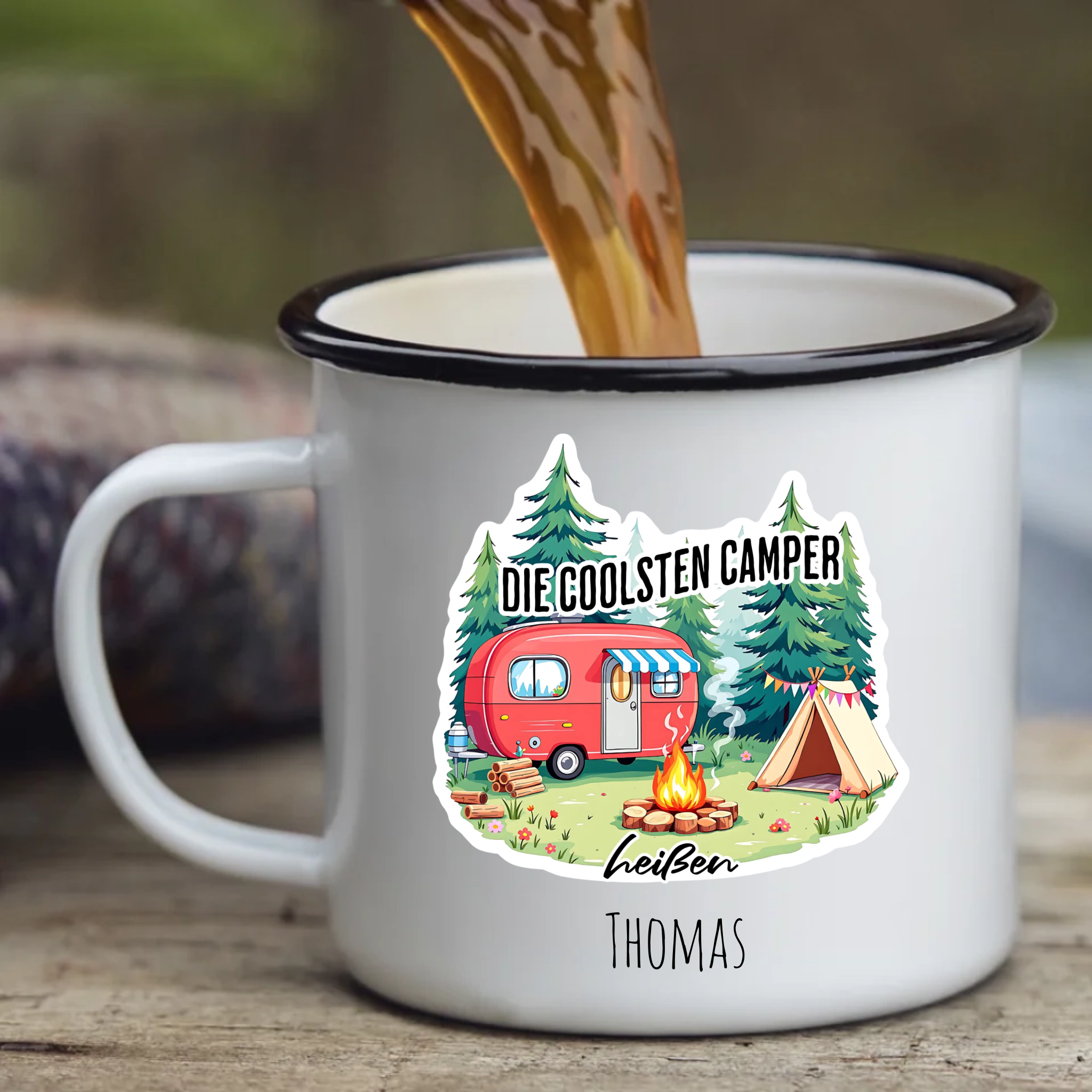 Emaille Tasse für Camper mit Name – „Die coolsten Camper heißen …“