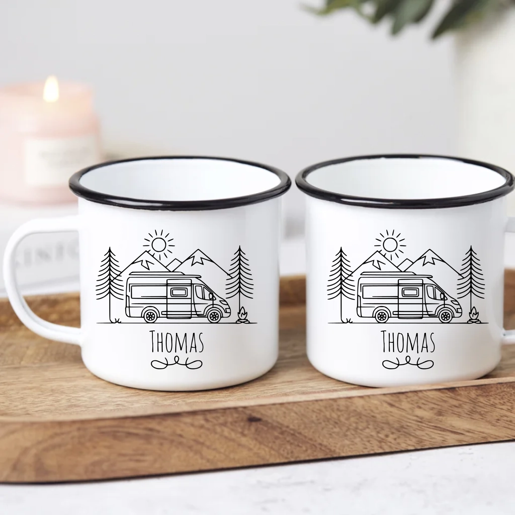 Emaille Becher Camping mit Name – Persönlich. Rustikal. Echt.