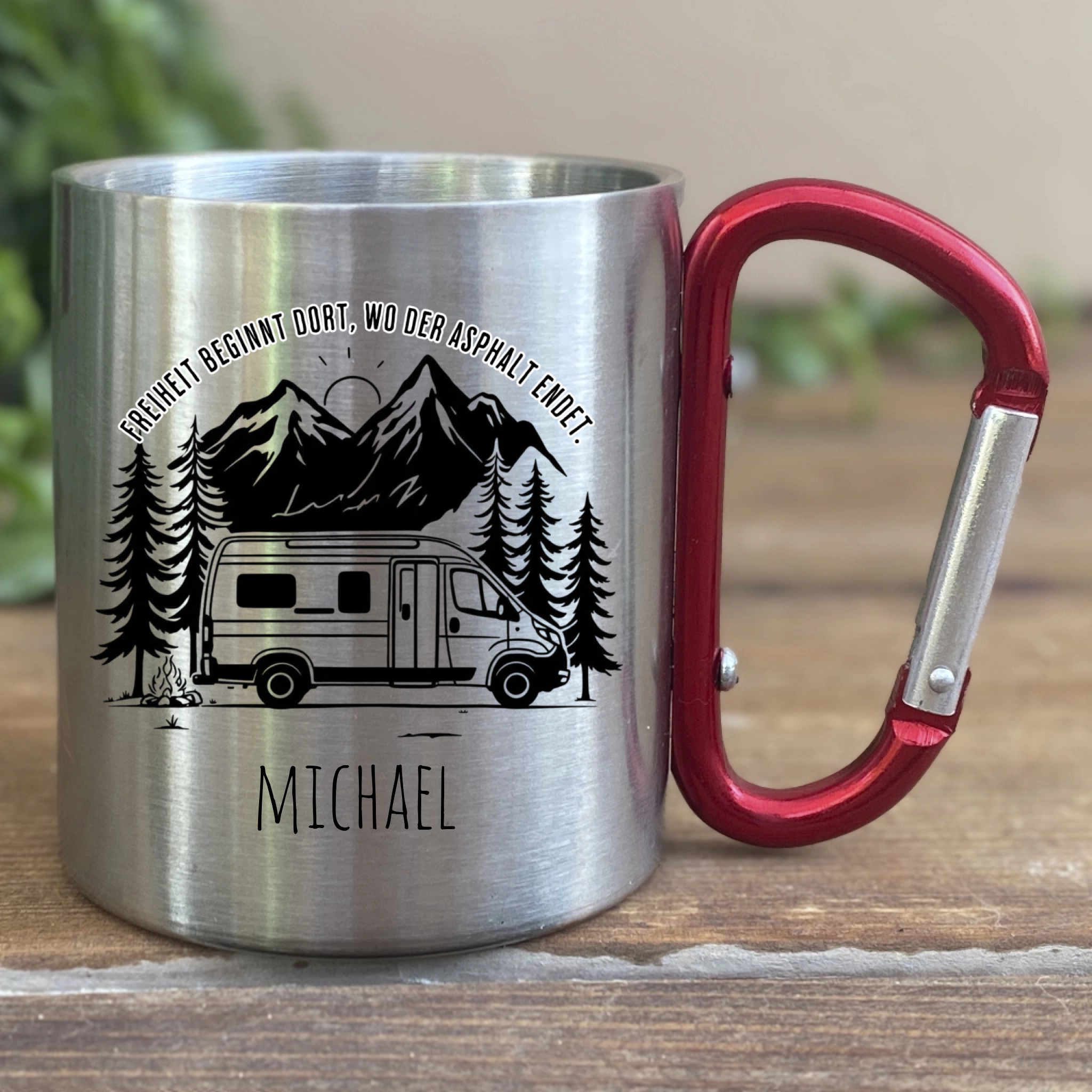 Edelstahltasse für Camping mit Name – Wo Freiheit beginnt
