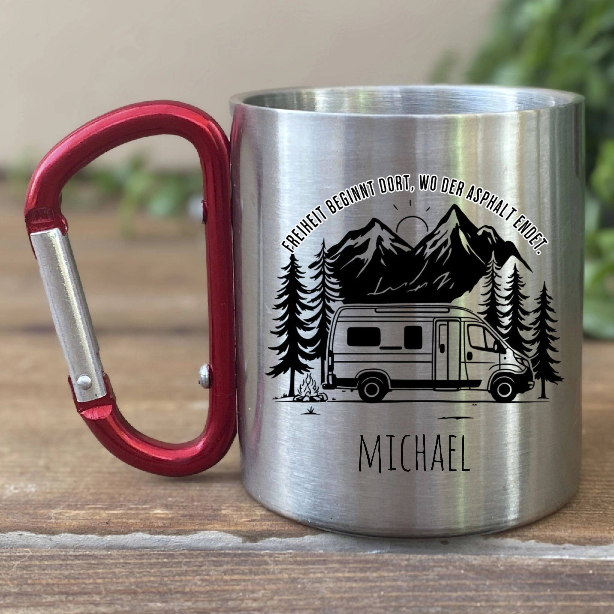 Edelstahltasse für Camping mit Name – Wo Freiheit beginnt